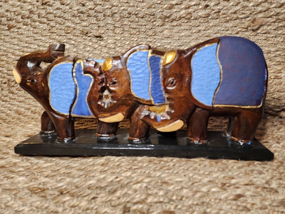 Vintage Wooden Hand Carved Painted 3 Walking Elephant Sculpture Home Decor 19.5"